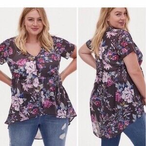 Torrid Dark Slate Grey Floral Babydoll Chiffon Button-Front Tunic Top Size 0X